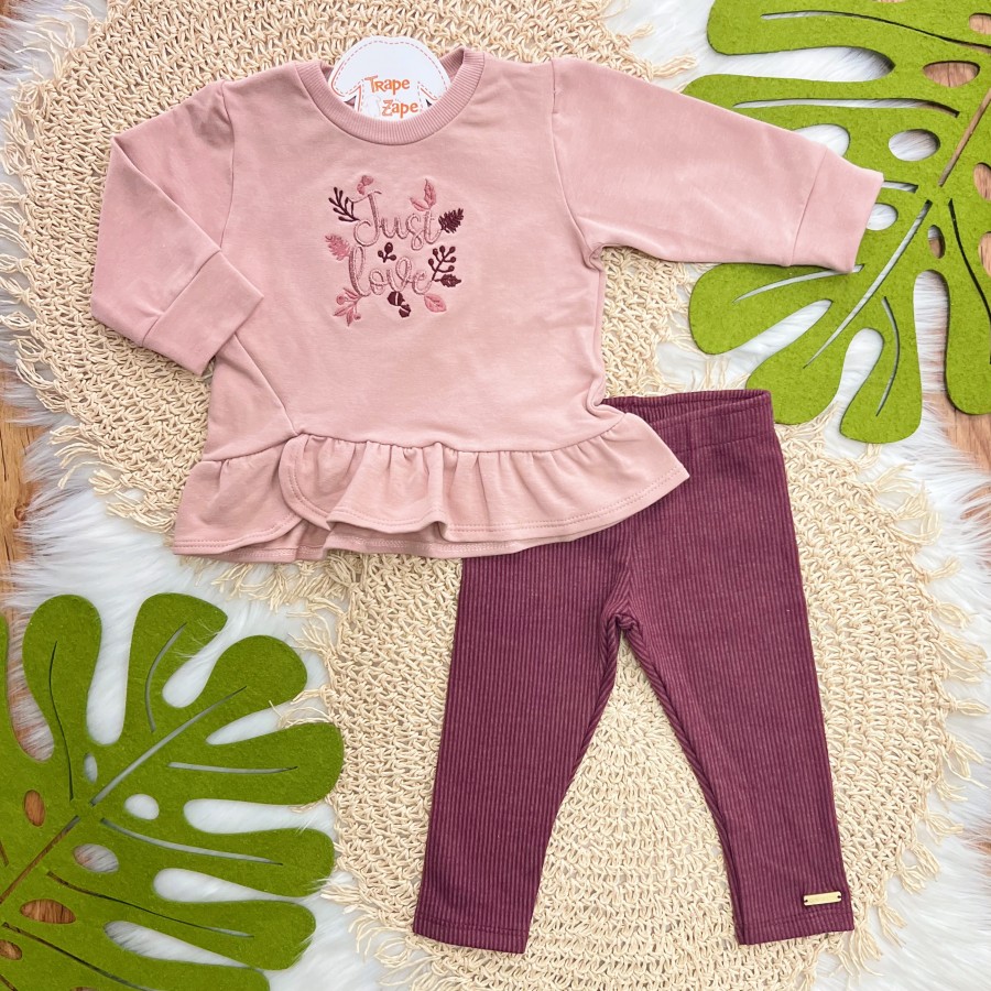 Conj. Casaco de Moletom Just Love e Calça Legging Canelada - Rose e Uva